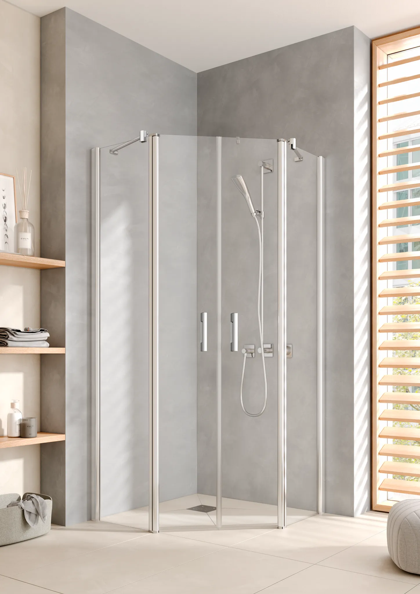 Kermi Duschdesign Fünfeck-Duschkabine mit Pendeltüren mit Festfeldern „PEGA“ Glas Klar, BV: 865 - 890 mm GAK: 850 - 875 mm WE: 875 - 900 mm H: 1850 mm