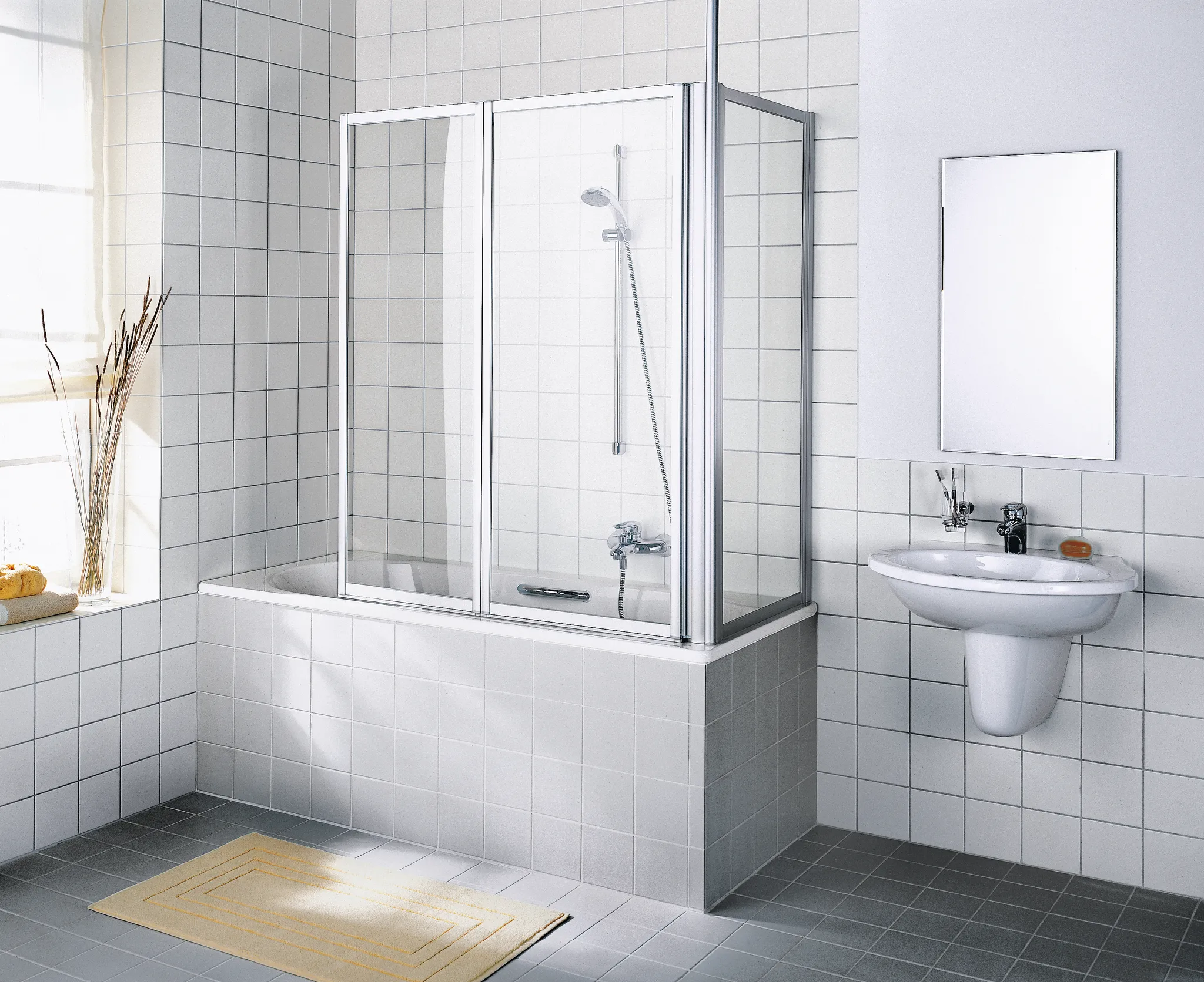 Kermi Seitenwand „VARIO 2000“ Glas Kerolan Perl, Profile Silber Mattglanz, BV: 685 - 710 mm WE: 685 - 710 mm H: 1400 mm