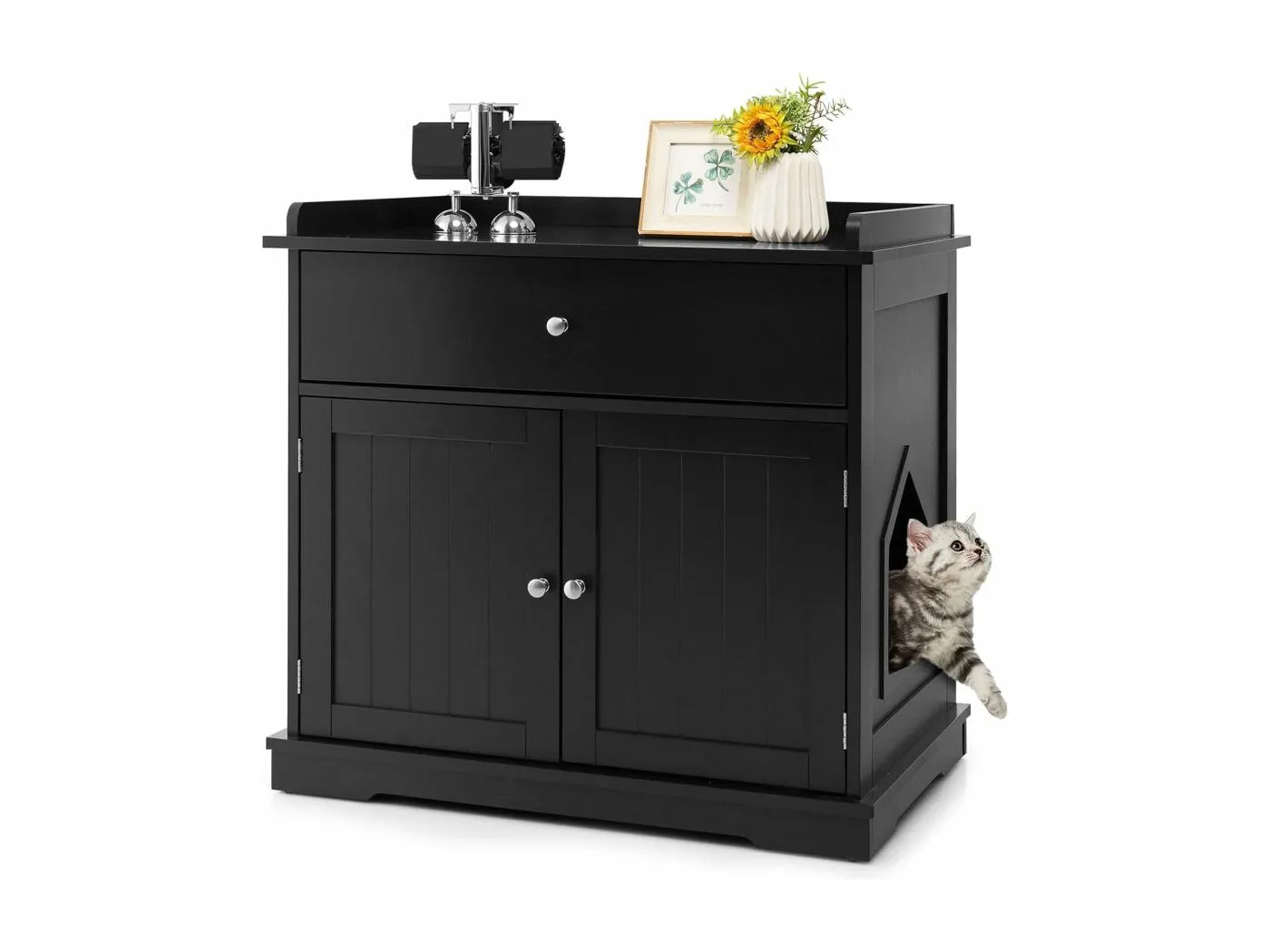 Katzenschrank mit Schublade & Tür & Eingang, 3-in-1 Katzenhaus Katzentoilette Beistelltisch, Schrank Katzenklo Katzenkommode, Katzenhöhle Haustierbox, Katzenmöbel (Schwarz) BH32221