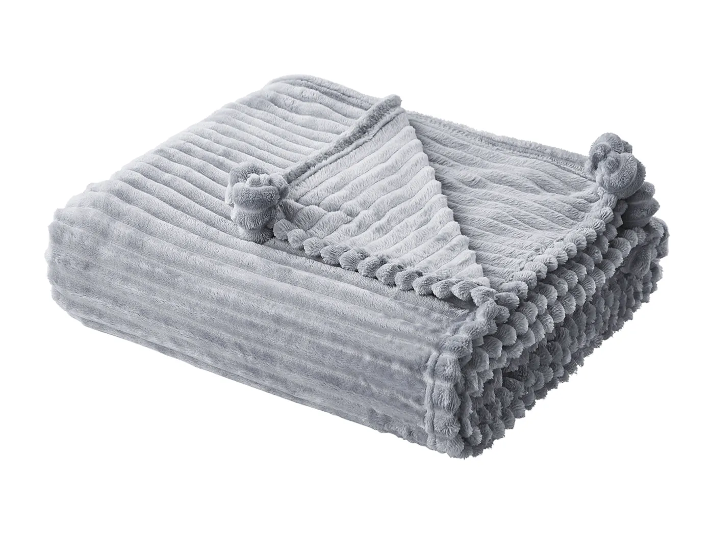 Flauschige Decke grau mit Streifenoptik und Bommeln 150 x 200 cm Kaweri