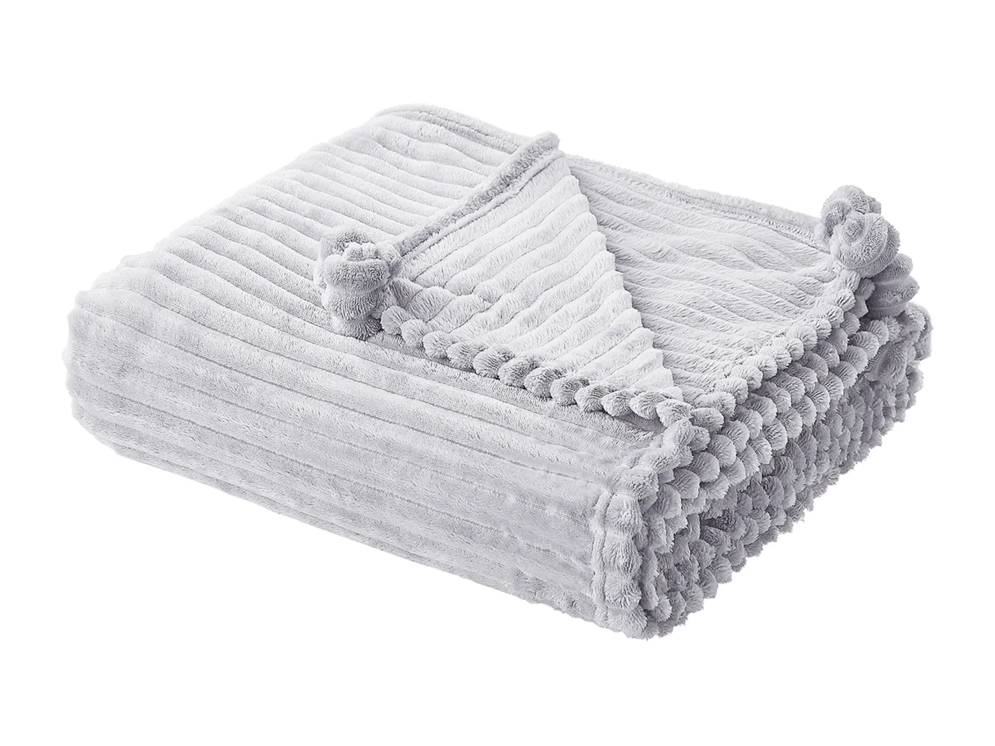 Flauschige Decke hellgrau mit Streifenoptik und Bommeln 150 x 200 cm Kaweri