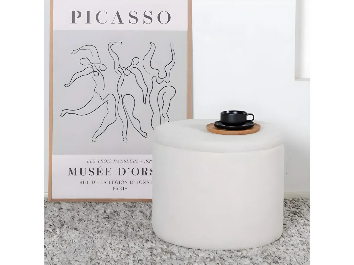 Dunken Pouf, Hocker mit Aufbewahrung Ø51cm Teddystoff weiß.