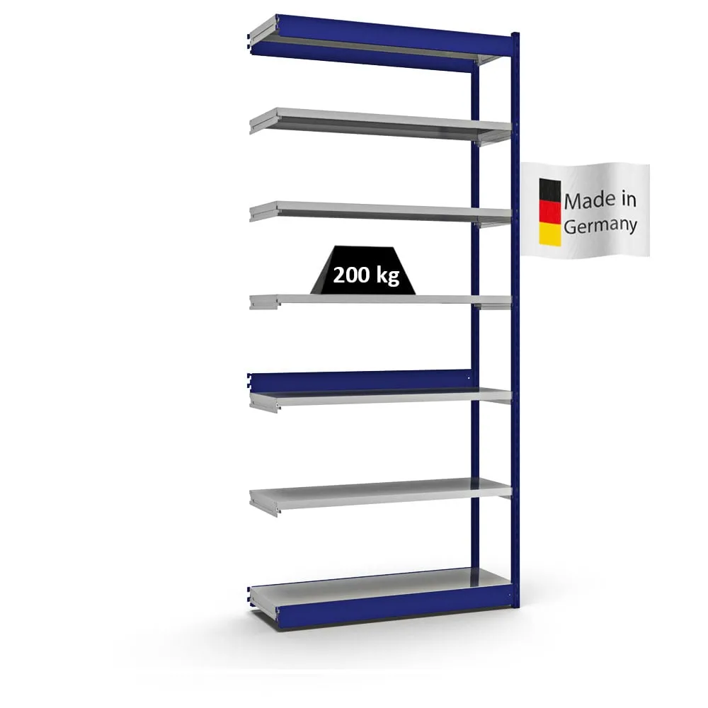 Fachbodenregal Stecksystem Vierkant-Profil | Anbauregal | HxBxT 300x132,5x40cm | 7 Ebenen | Einseitige Bauart | Fachlast 200kg | Enzianblau/Verzinkt