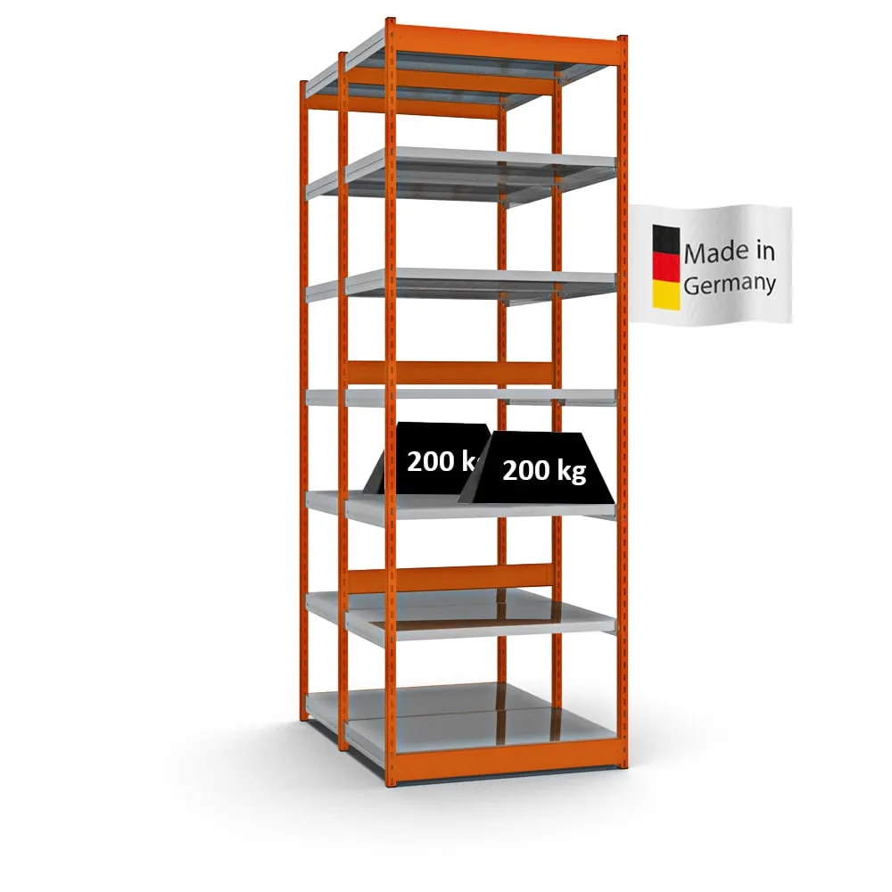 Fachbodenregal Stecksystem Vierkant-Profil | Grundregal | HxBxT 300x102,5x60cm | 2x7 Ebenen | Doppelseitige Bauart | Fachlast 200kg | Orange/Verzinkt