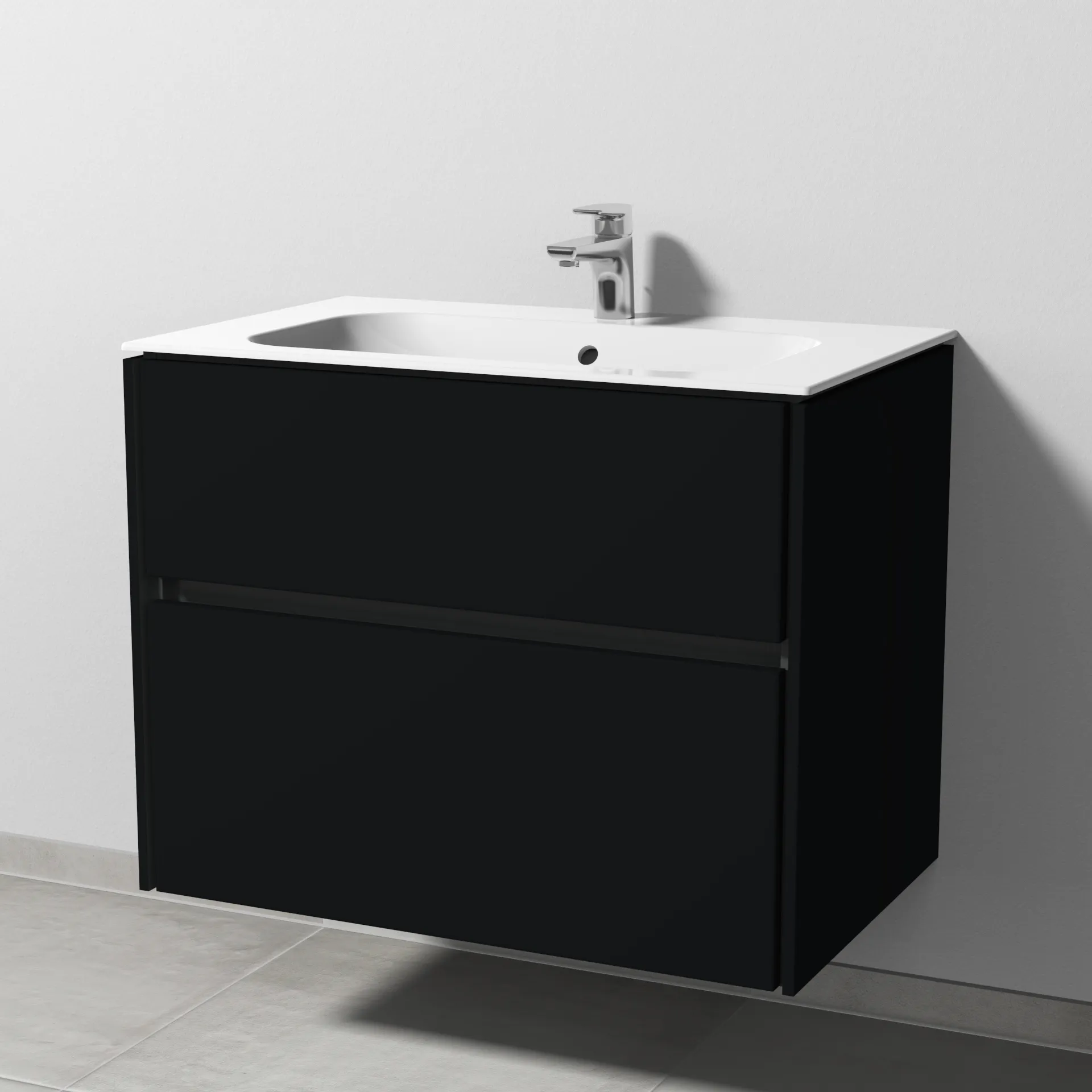 Keramik-Waschtisch-Set mit Waschtischunterschrank „Twiga“ 79 × 50 × 61 cm in Schwarz (matt), mit Hahnlochbohrung, ohne Beleuchtung