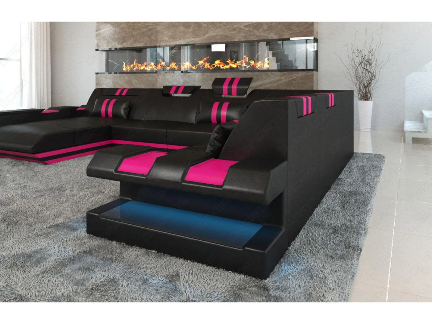 XXL Leder Wohnlandschaft Apollonia EM Schwarz Pink Links
