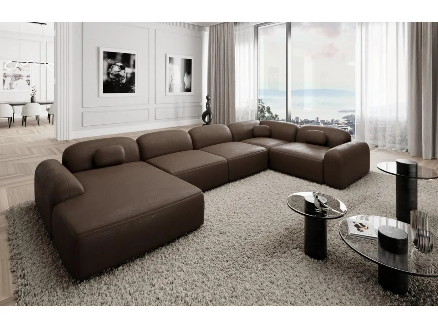 Wohnlandschaft Barcelona mit Zierkissen Kunstleder Dunkelbraun Links