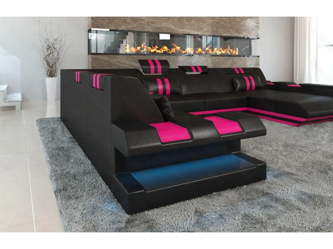 XXL Leder Wohnlandschaft Apollonia EM Schwarz Pink Rechts