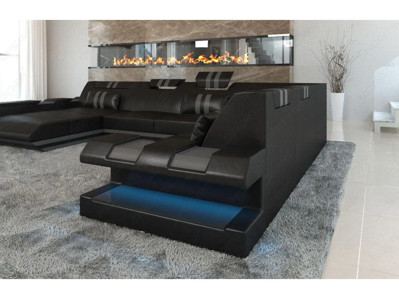 XXL Leder Wohnlandschaft Apollonia BL Schwarz Grau Links