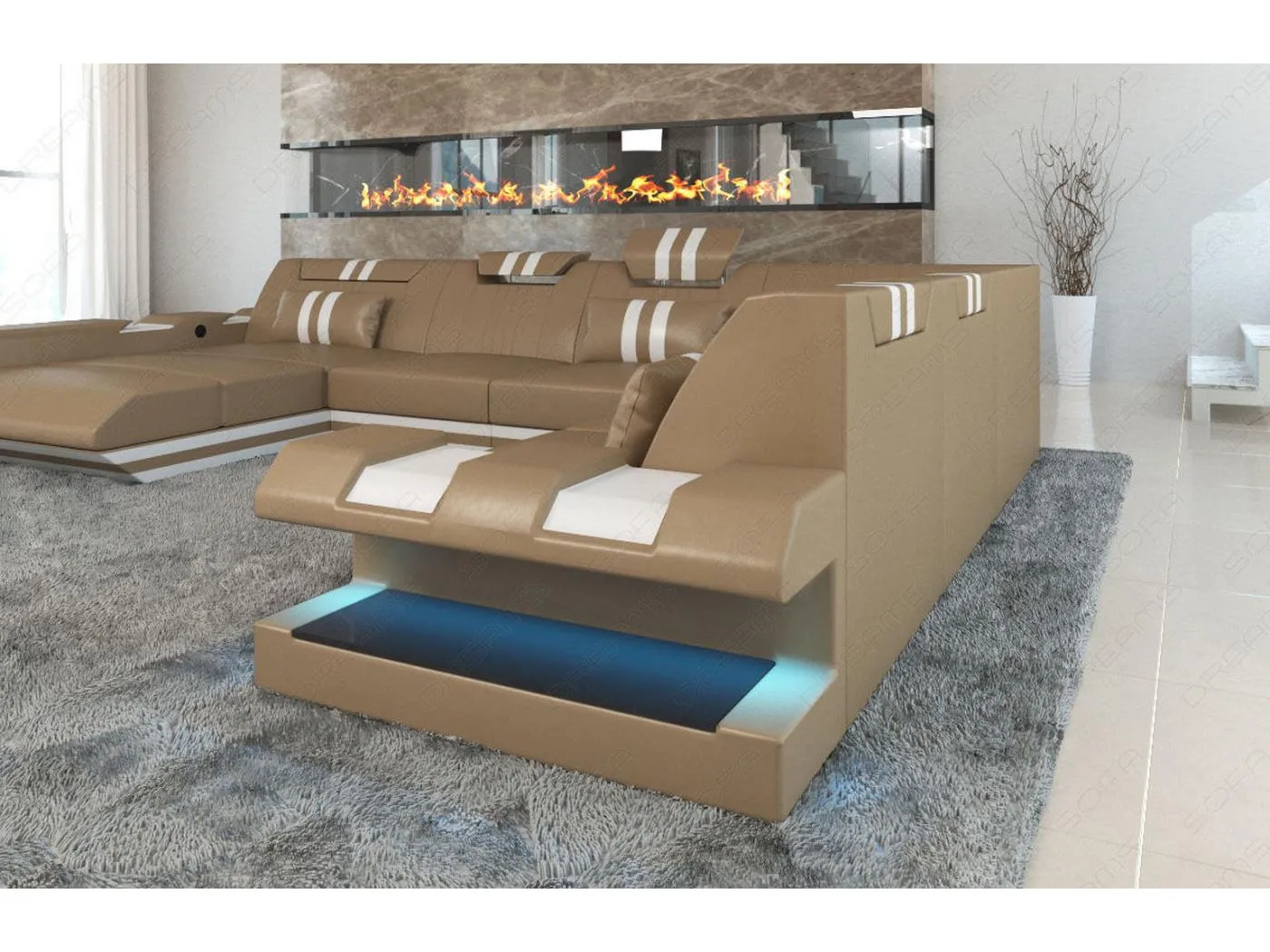 XXL Leder Wohnlandschaft Apollonia KP Sandbeige Weiß Links