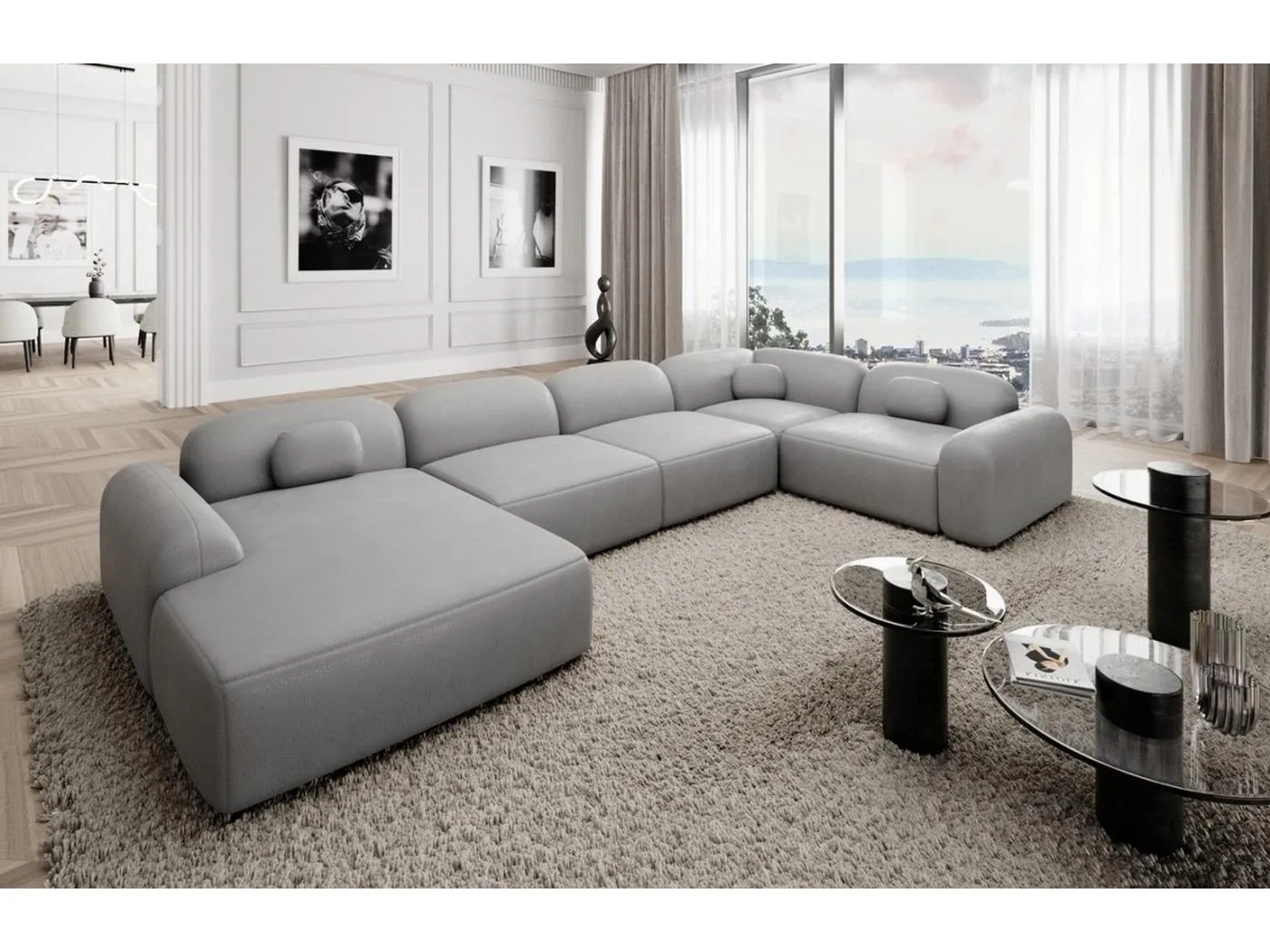 Wohnlandschaft Barcelona mit Zierkissen Kunstleder Hellgrau Links