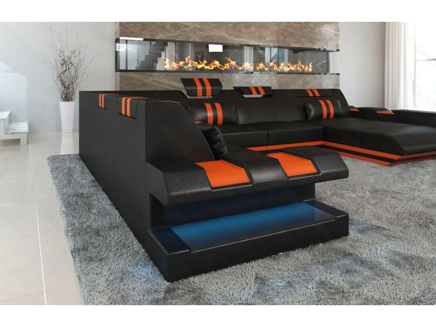 XXL Leder Wohnlandschaft Apollonia EL Schwarz Orange Rechts