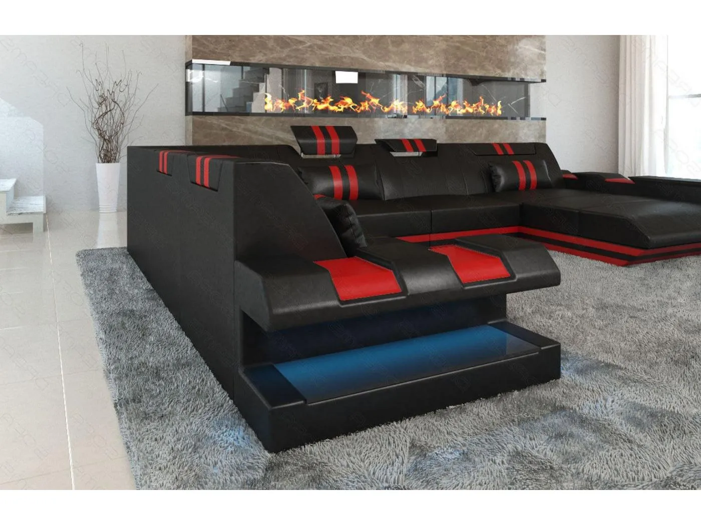 XXL Leder Wohnlandschaft Apollonia EL Schwarz Rot Rechts