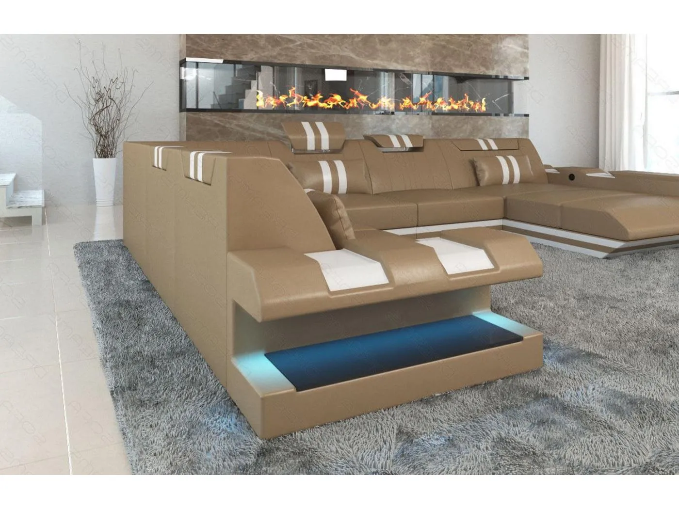 XXL Leder Wohnlandschaft Apollonia EM Sandbeige Weiß Rechts