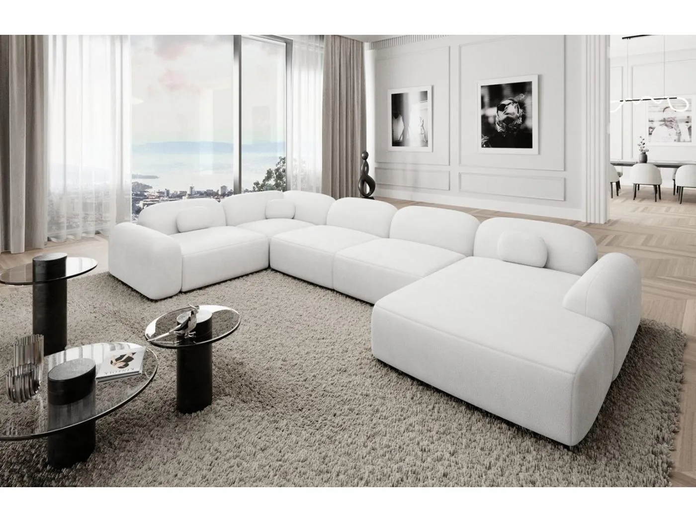 Wohnlandschaft Barcelona mit Zierkissen Kunstleder Weiß Rechts