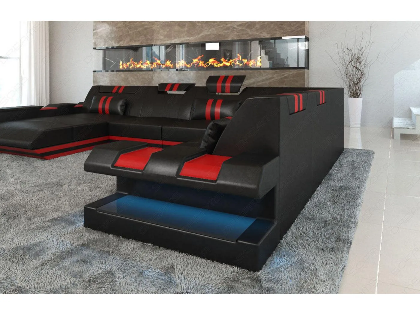 XXL Leder Wohnlandschaft Apollonia EM Schwarz Rot Links