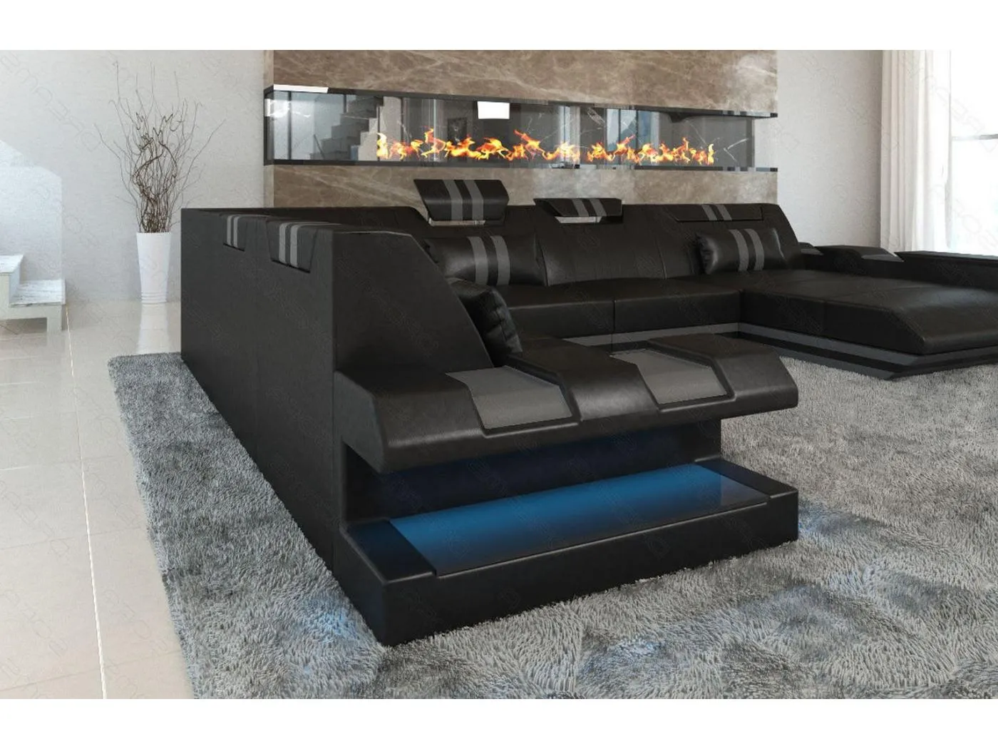 XXL Leder Wohnlandschaft Apollonia EL Schwarz Grau Rechts