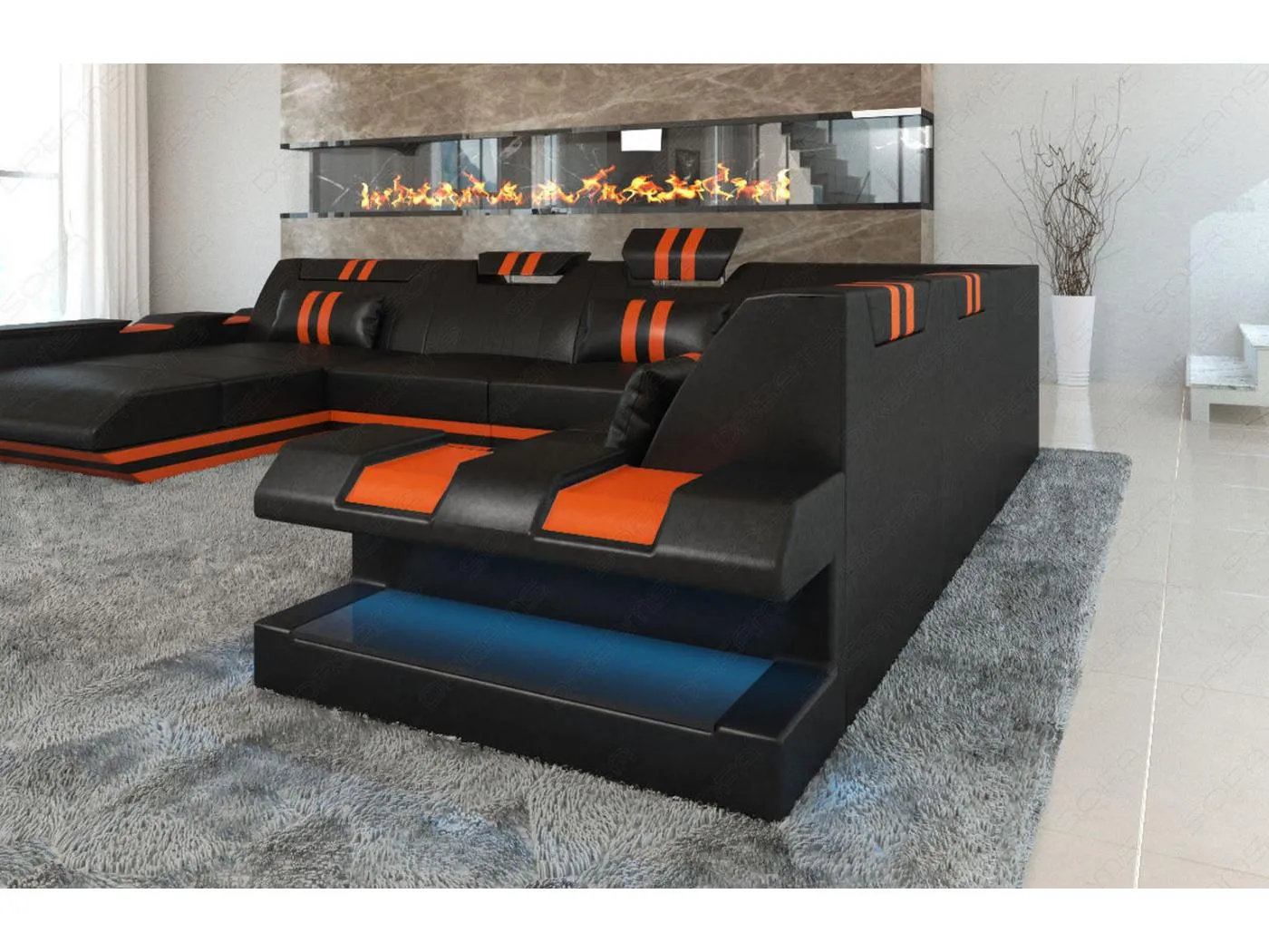 XXL Leder Wohnlandschaft Apollonia EM Schwarz Orange Links
