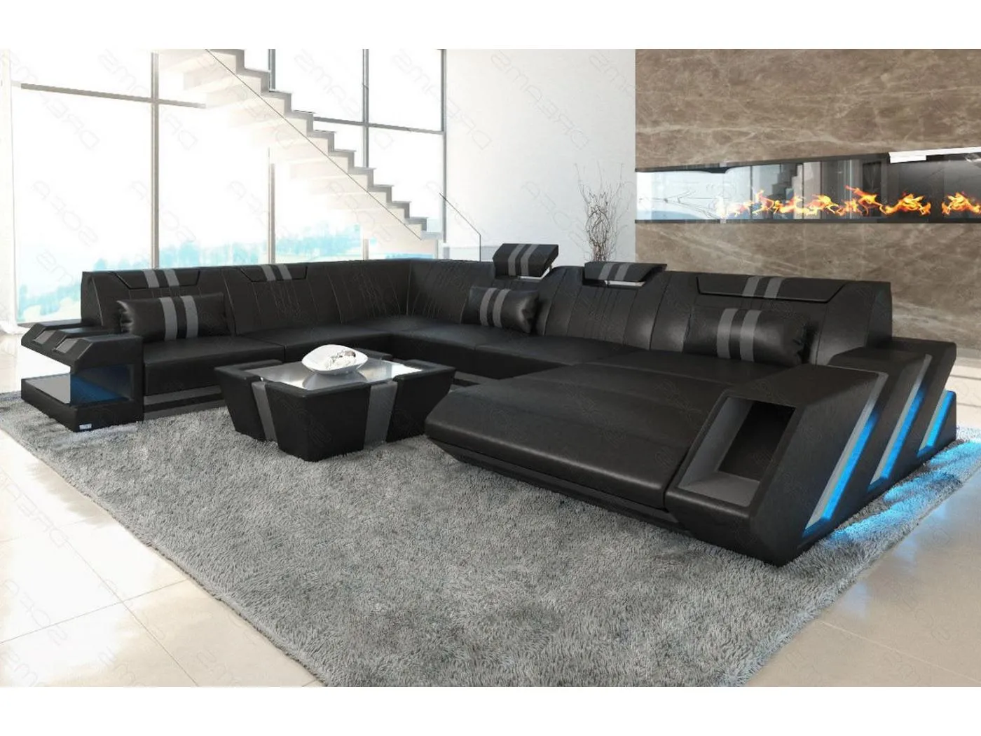 XXL Leder Wohnlandschaft Apollonia BL Schwarz Grau Rechts