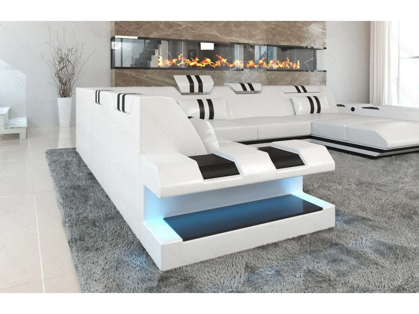 XXL Leder Wohnlandschaft Apollonia KP Weiß Schwarz Rechts