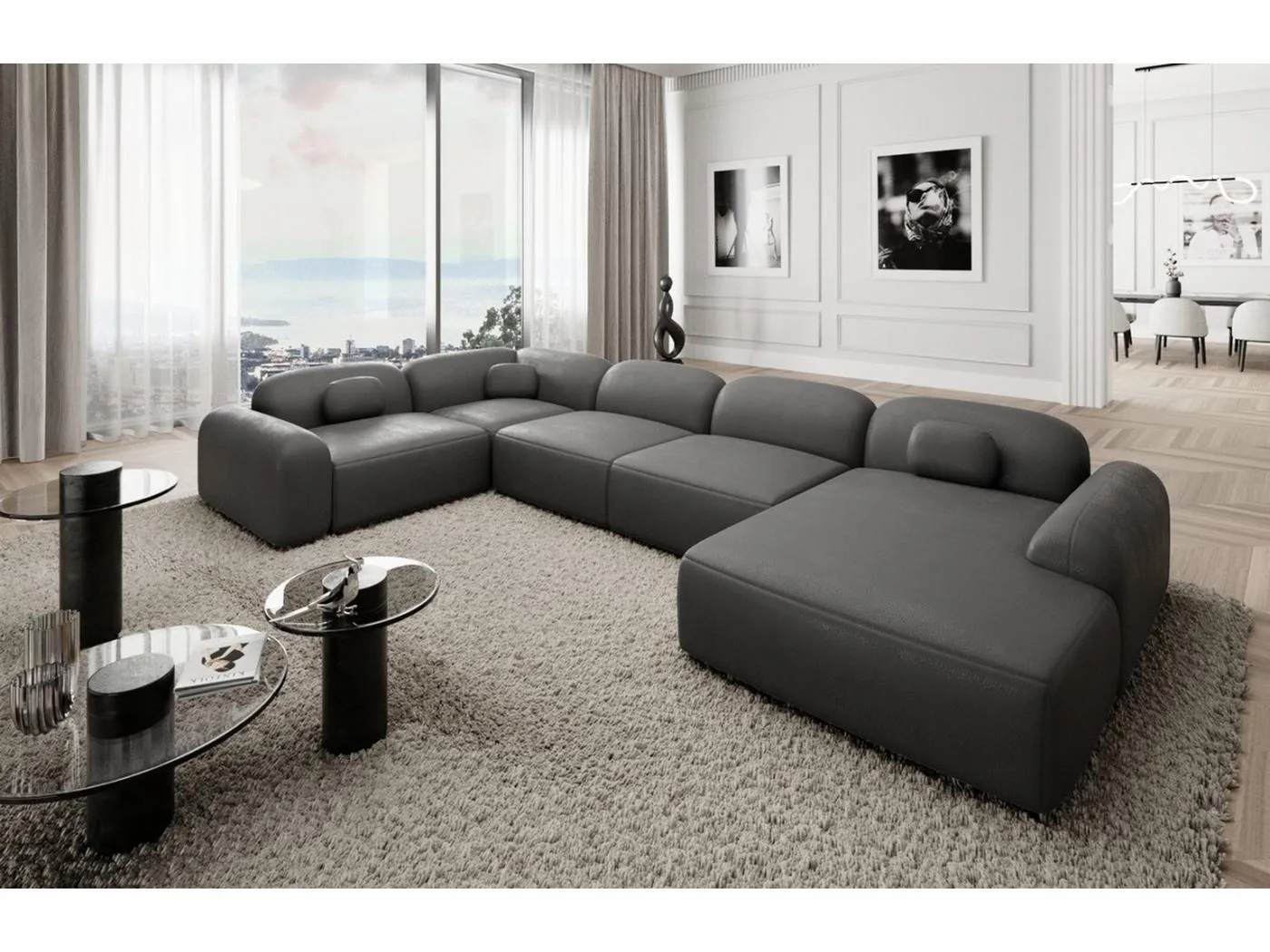 Wohnlandschaft Barcelona mit Zierkissen Kunstleder Dunkelgrau Rechts