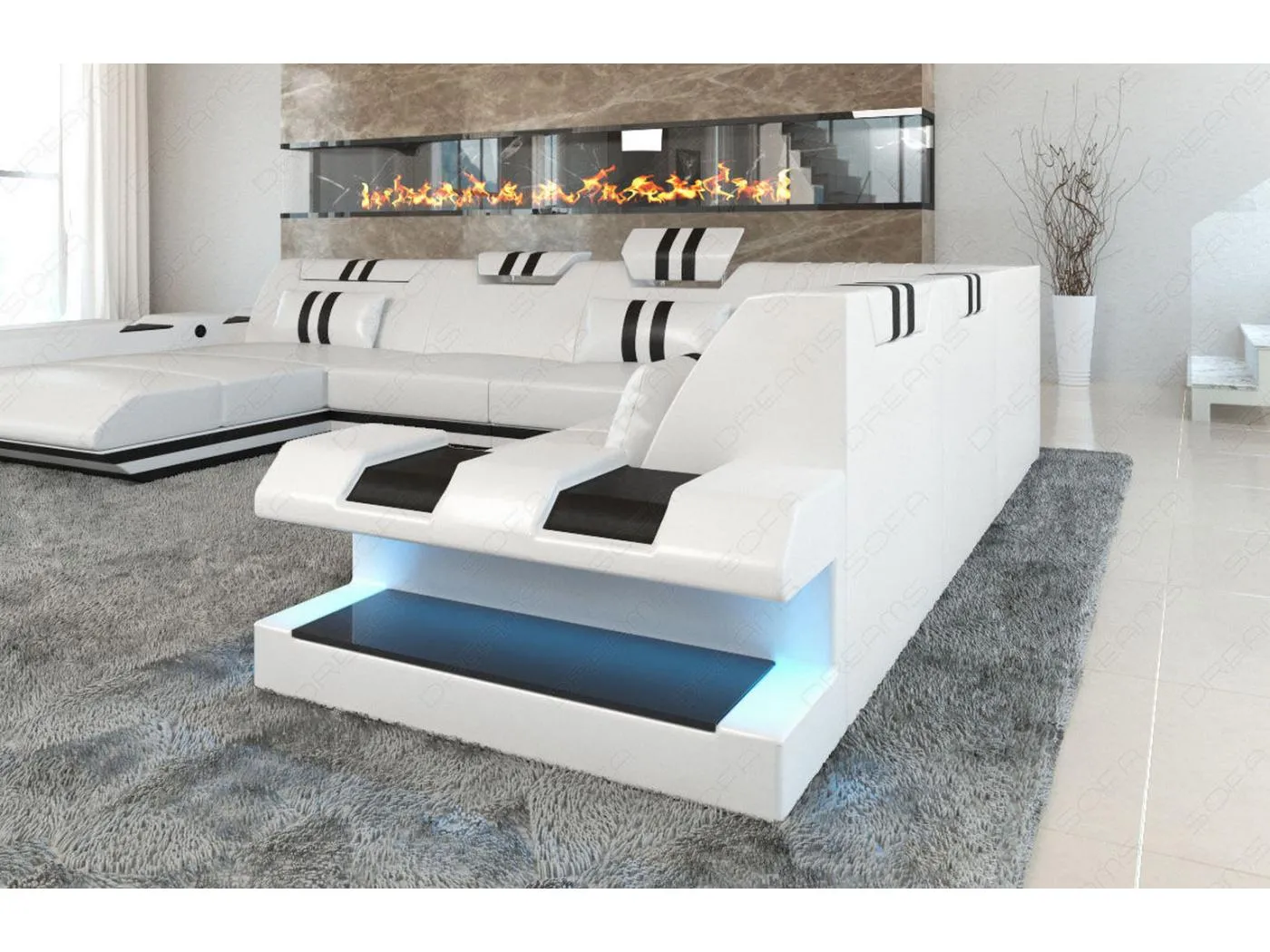 XXL Leder Wohnlandschaft Apollonia EM Weiß Schwarz Links