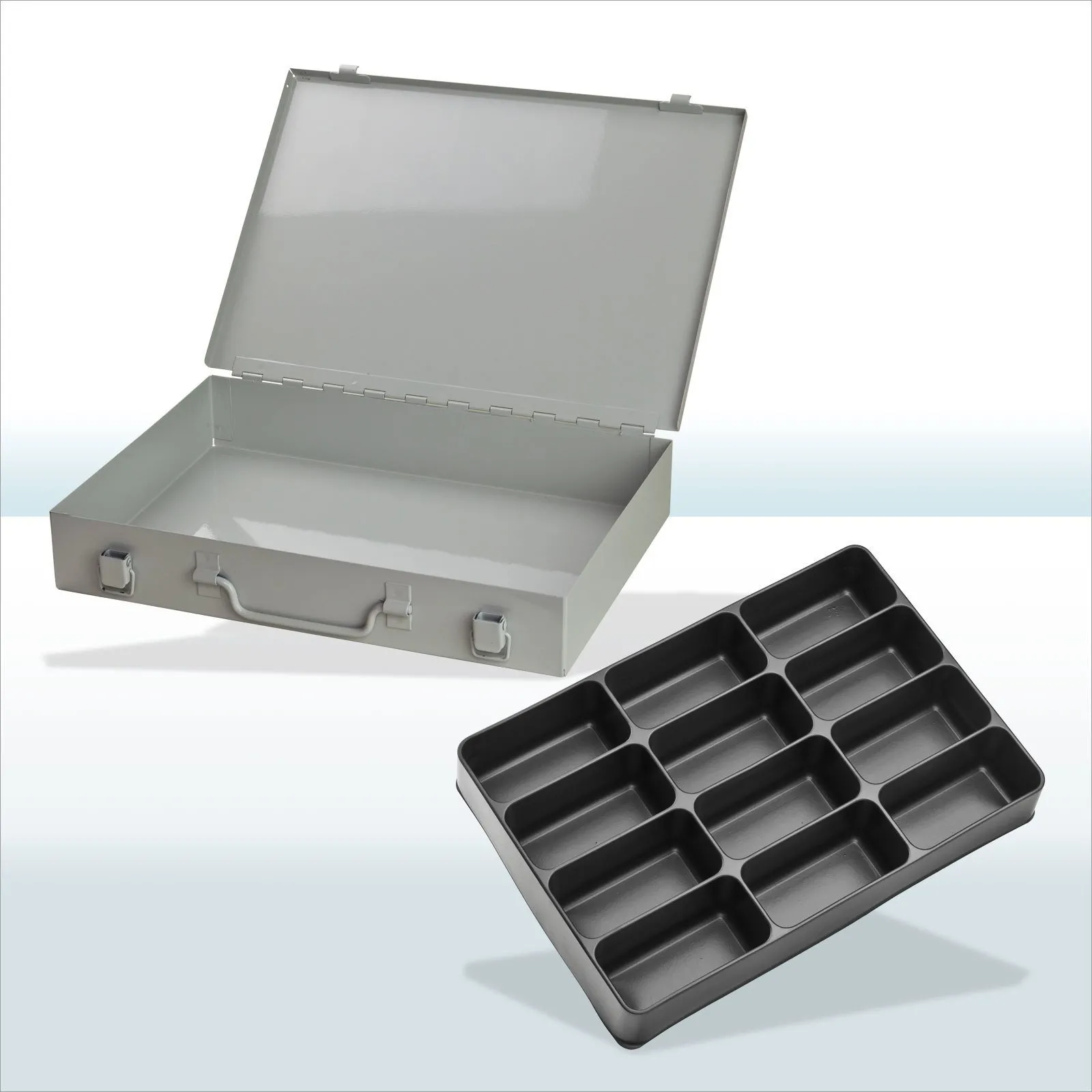 Stahlblechkästen mit Spannverschluss 12 Fächer | HxBxT 5x33x23cm | Lichtgrau