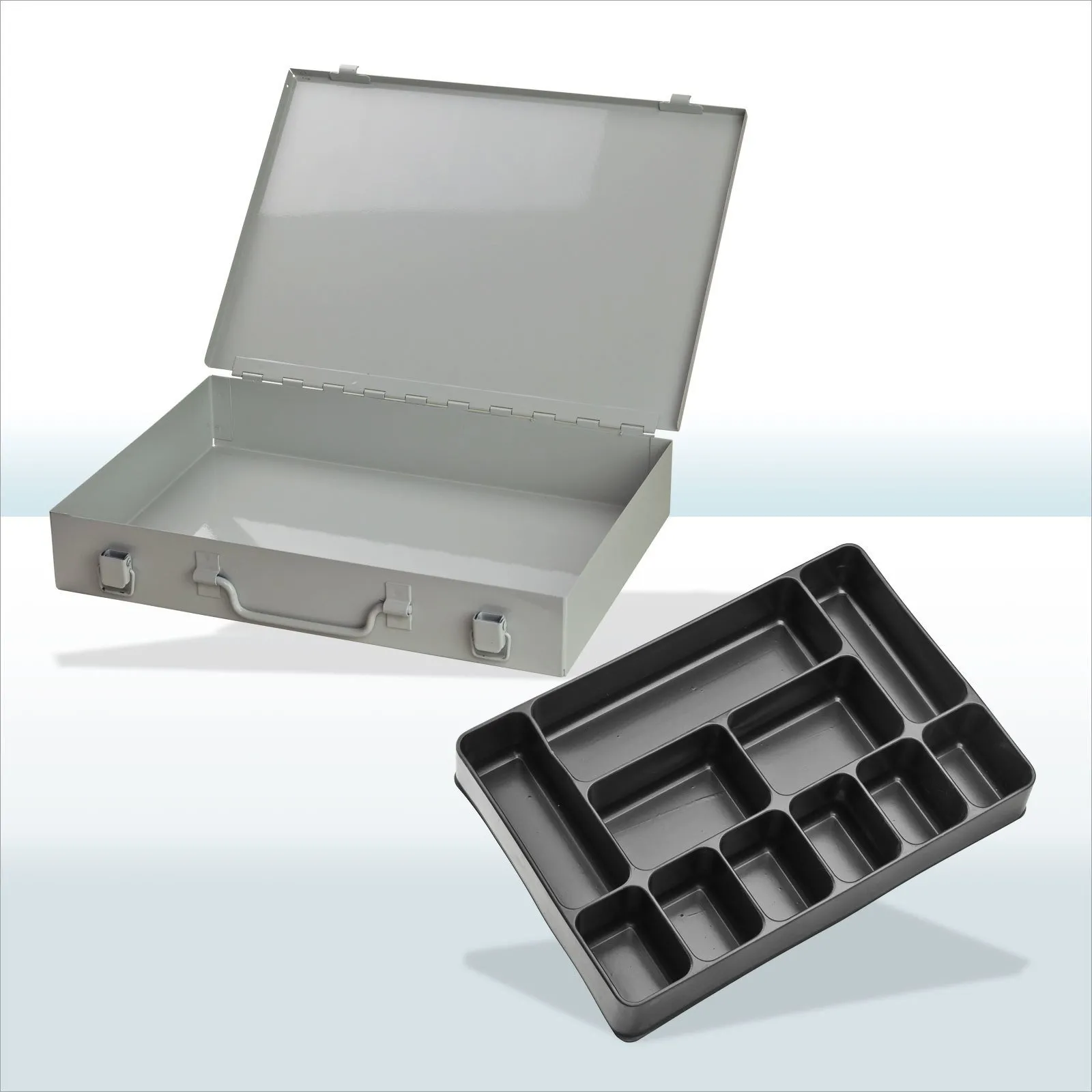 Stahlblechkästen mit Spannverschluss 11 Fächer | HxBxT 5x33x23cm | Lichtgrau