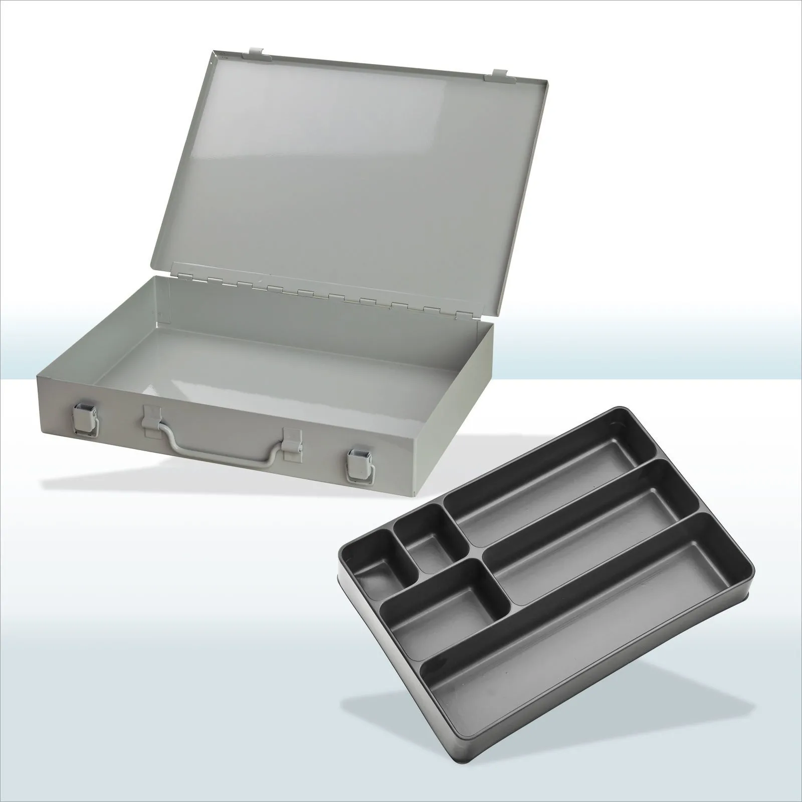 Stahlblechkästen mit Spannverschluss 6 Fächer | HxBxT 5x33x23cm | Lichtgrau