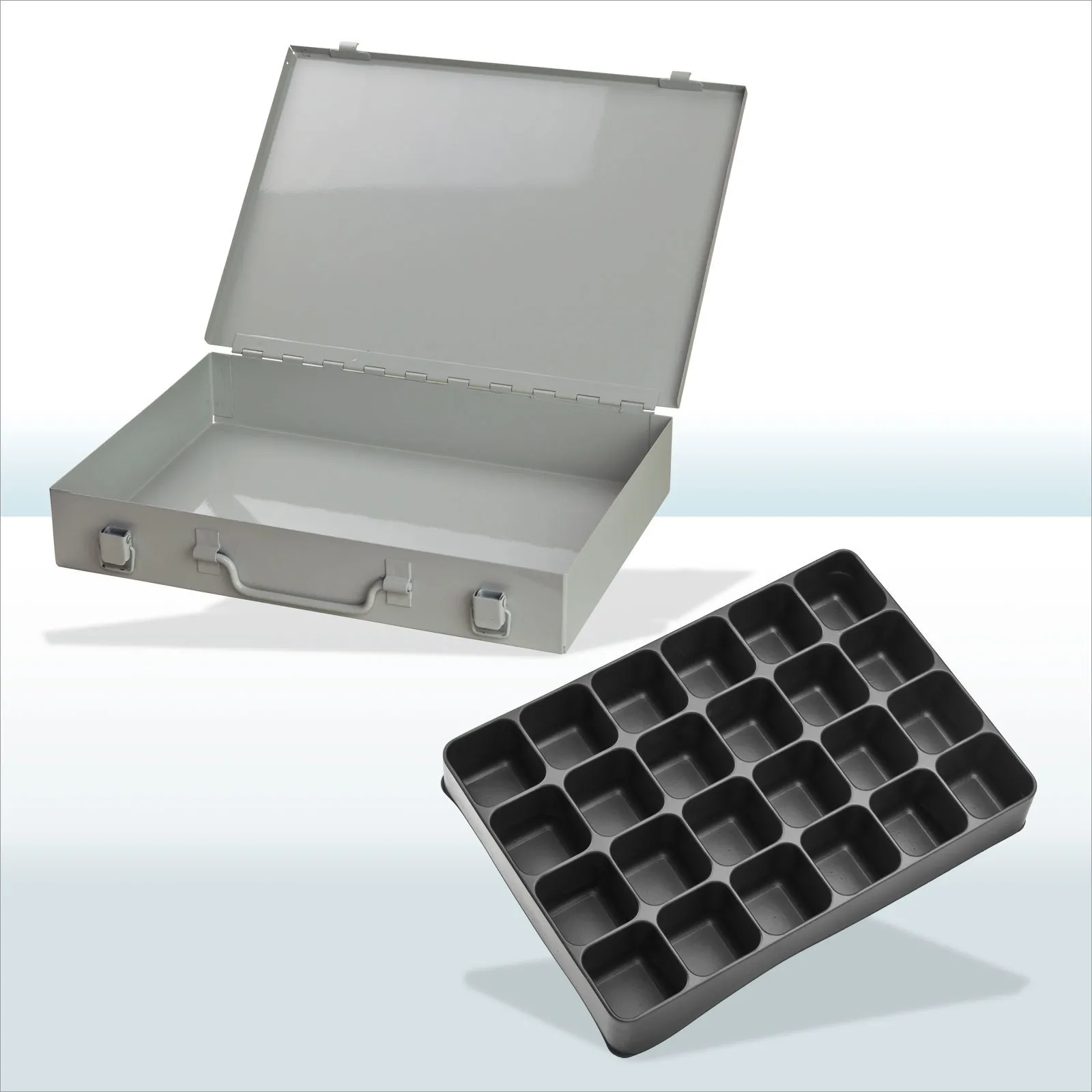 Stahlblechkästen mit Spannverschluss 24 Fächer | HxBxT 5x33x23cm | Lichtgrau