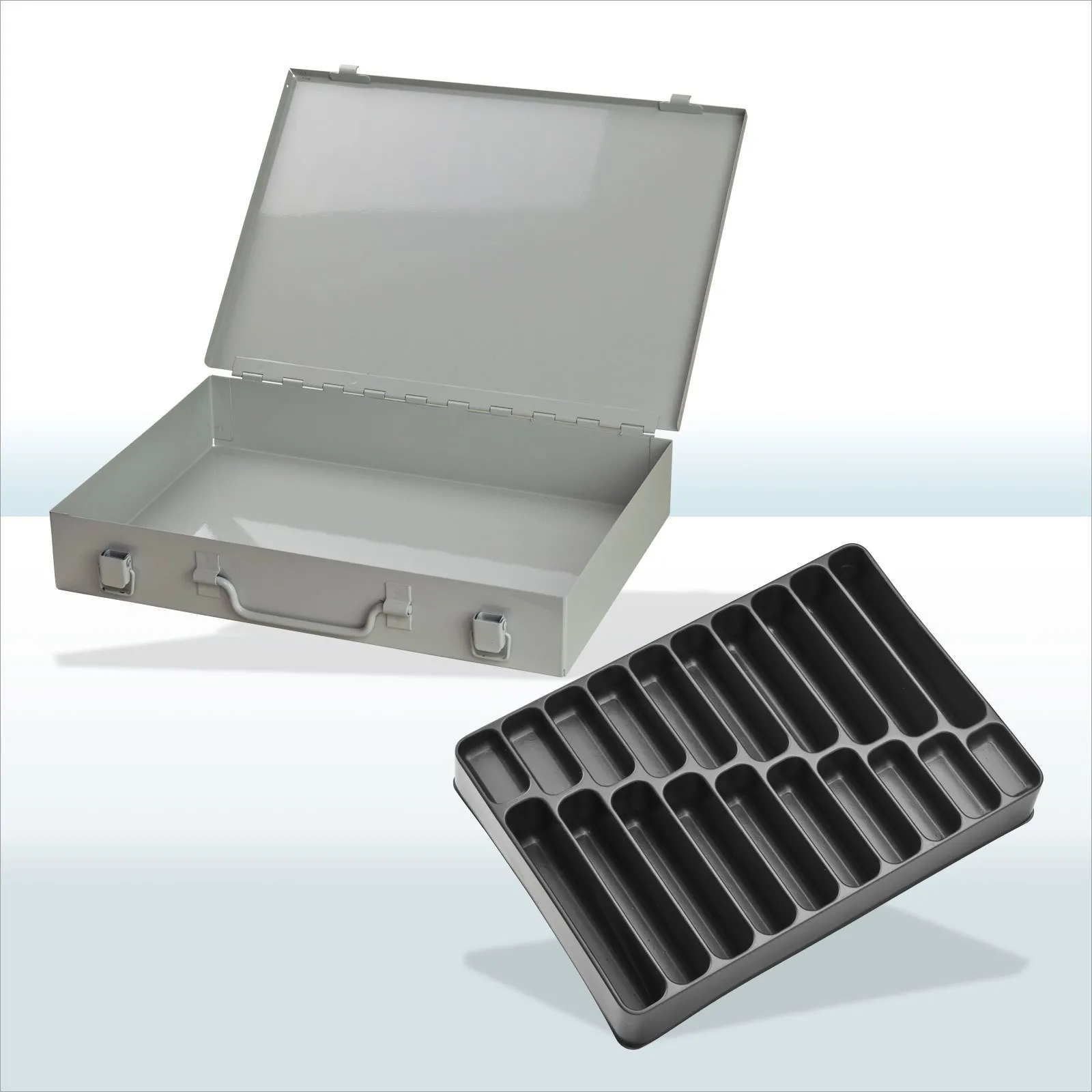 Stahlblechkästen mit Spannverschluss 20 Fächer | HxBxT 5x33x23cm | Lichtgrau