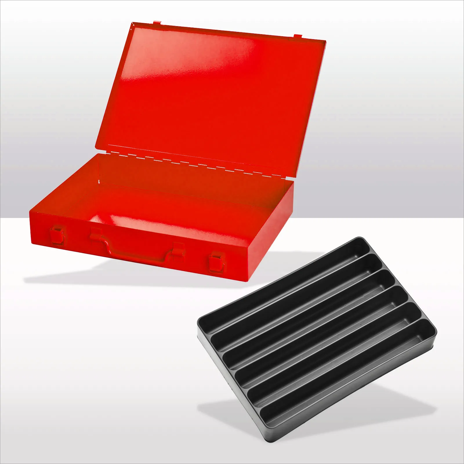 Stahlblechkästen mit Spannverschluss 6 Fächer gleichlang | HxBxT 5x33x23cm | Verkehrsrot