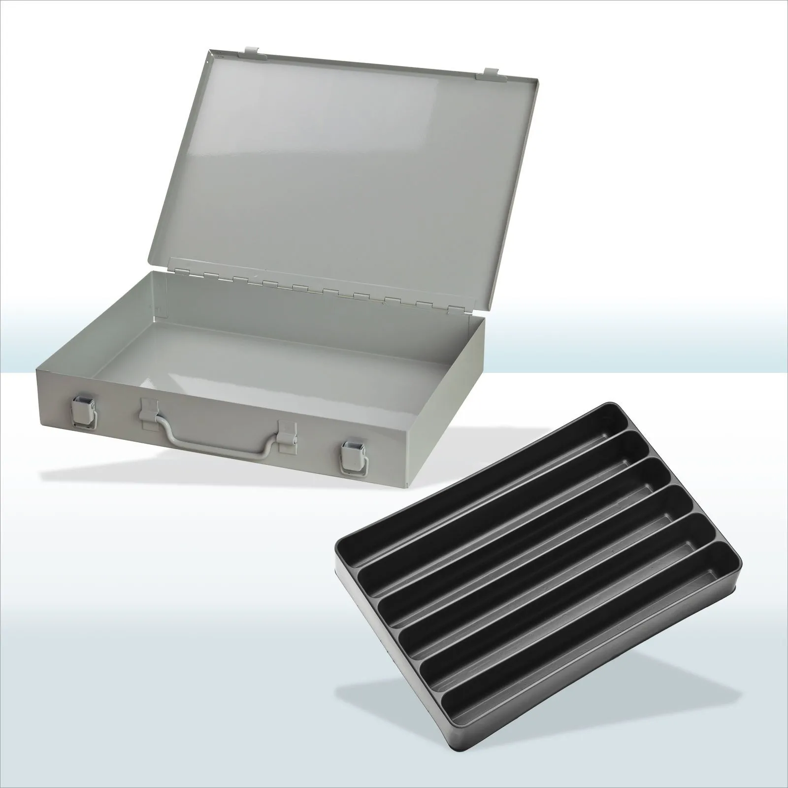 Stahlblechkästen mit Spannverschluss 6 Fächer gleichlang | HxBxT 5x33x23cm | Lichtgrau