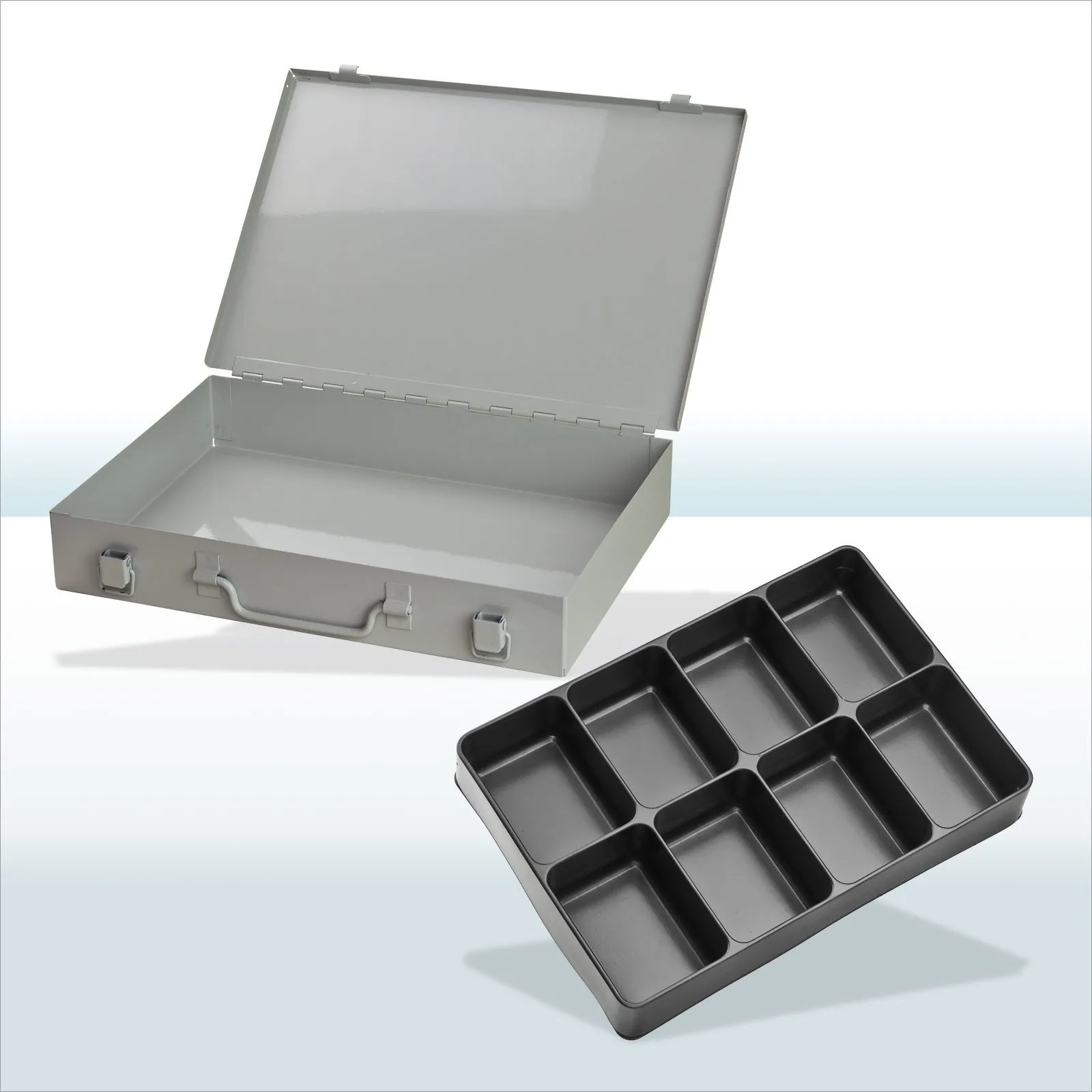 Stahlblechkästen mit Spannverschluss 8 Fächer | HxBxT 5x33x23cm | Lichtgrau