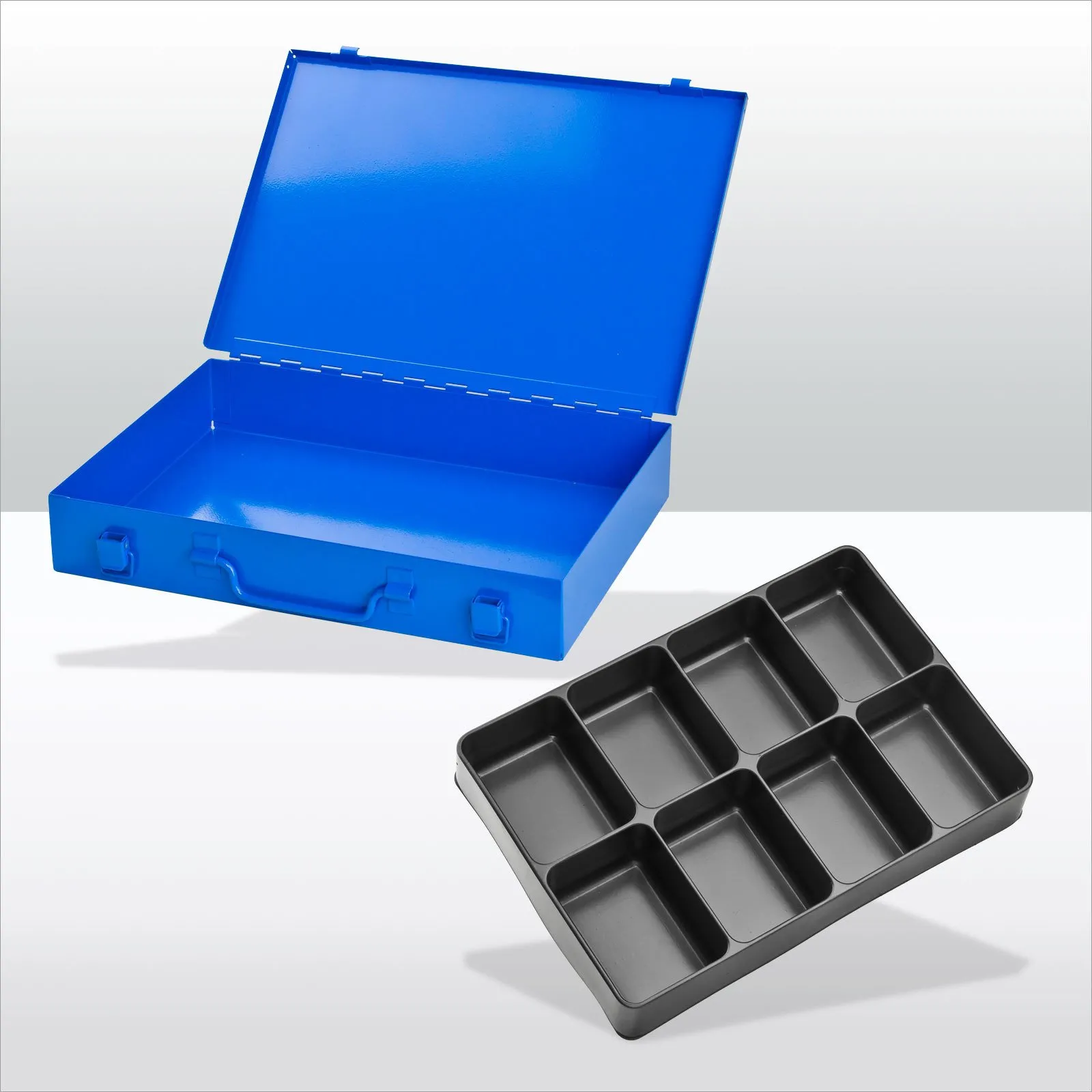 Stahlblechkästen mit Spannverschluss 8 Fächer | HxBxT 5x33x23cm | Lichtblau