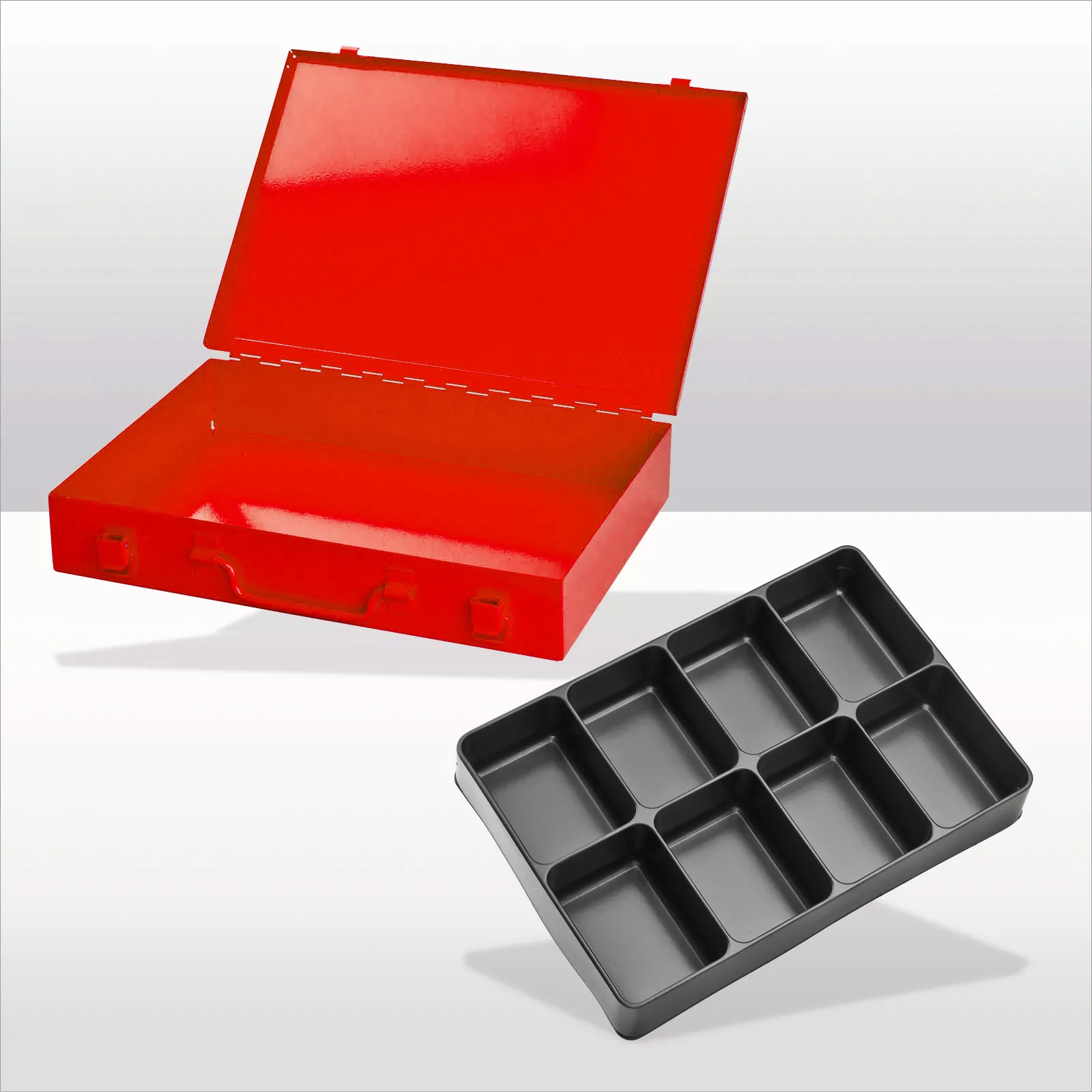 Stahlblechkästen mit Spannverschluss 8 Fächer | HxBxT 5x33x23cm | Verkehrsrot