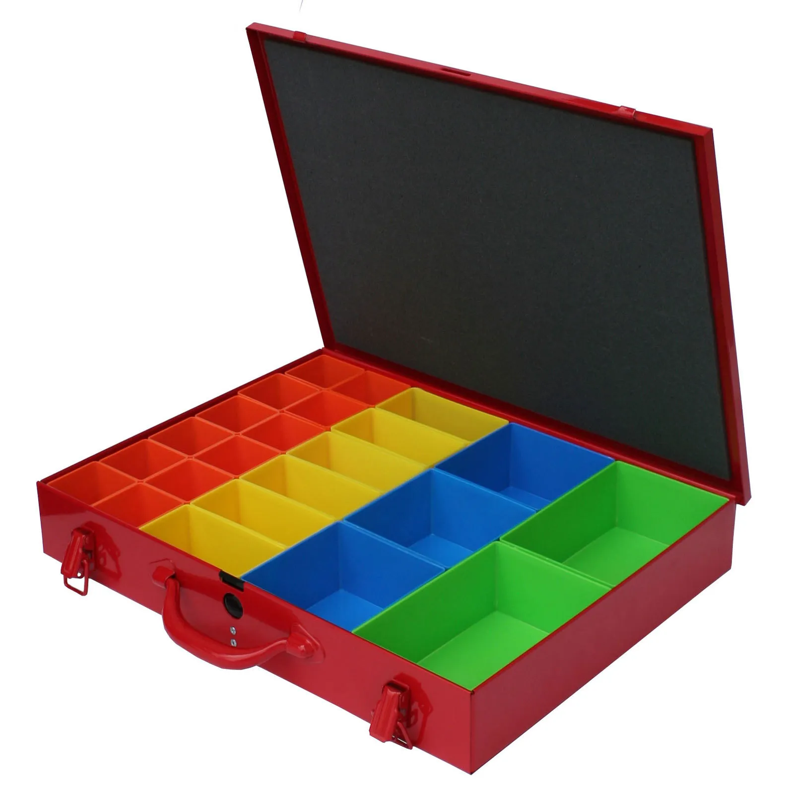 Sortimentskoffer aus Metall mit 24 farbigen Systemfächer | HxBxT 7x24x34cm | Verkehrsrot