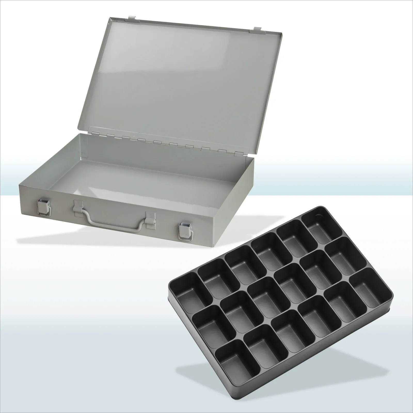 Stahlblechkästen mit Spannverschluss 18 Fächer | HxBxT 5x33x23cm | Lichtgrau