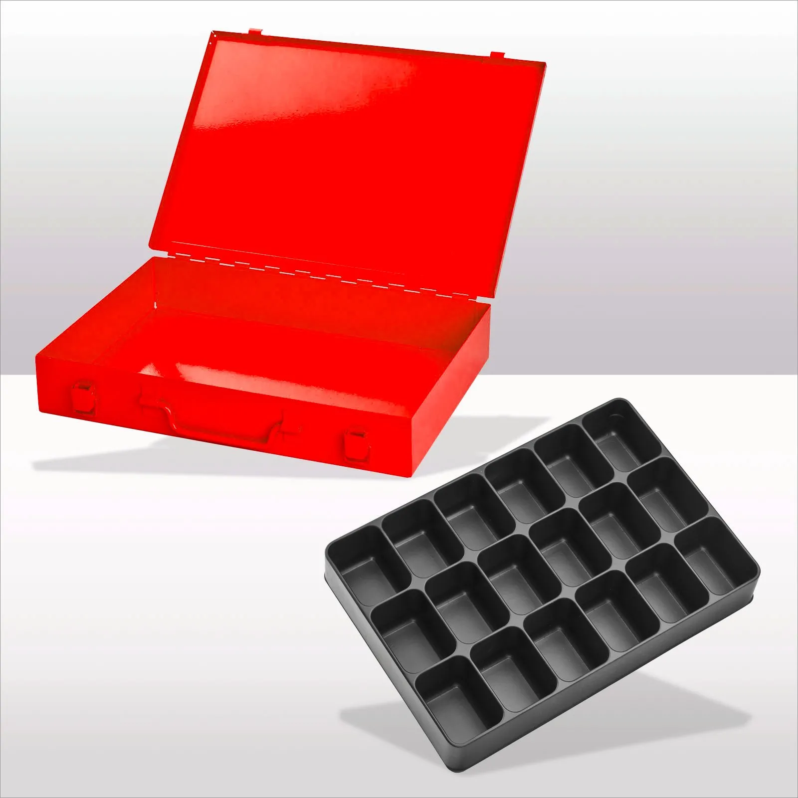 Stahlblechkästen mit Spannverschluss 18 Fächer | HxBxT 5x33x23cm | Verkehrsrot