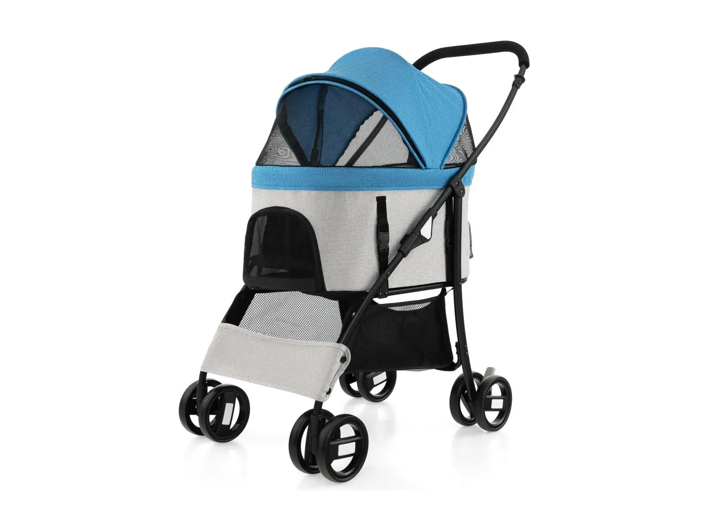 3 in 1 Hundewagen, Hundebuggy klappbar, bis 15 kg, Haustierwagen mit Netzfenstern | verstellbarem Vordach | abnehmbarem Träger & Korb, Haustiere Buggy für kleine Hunde Katzen (Blau) BI32295