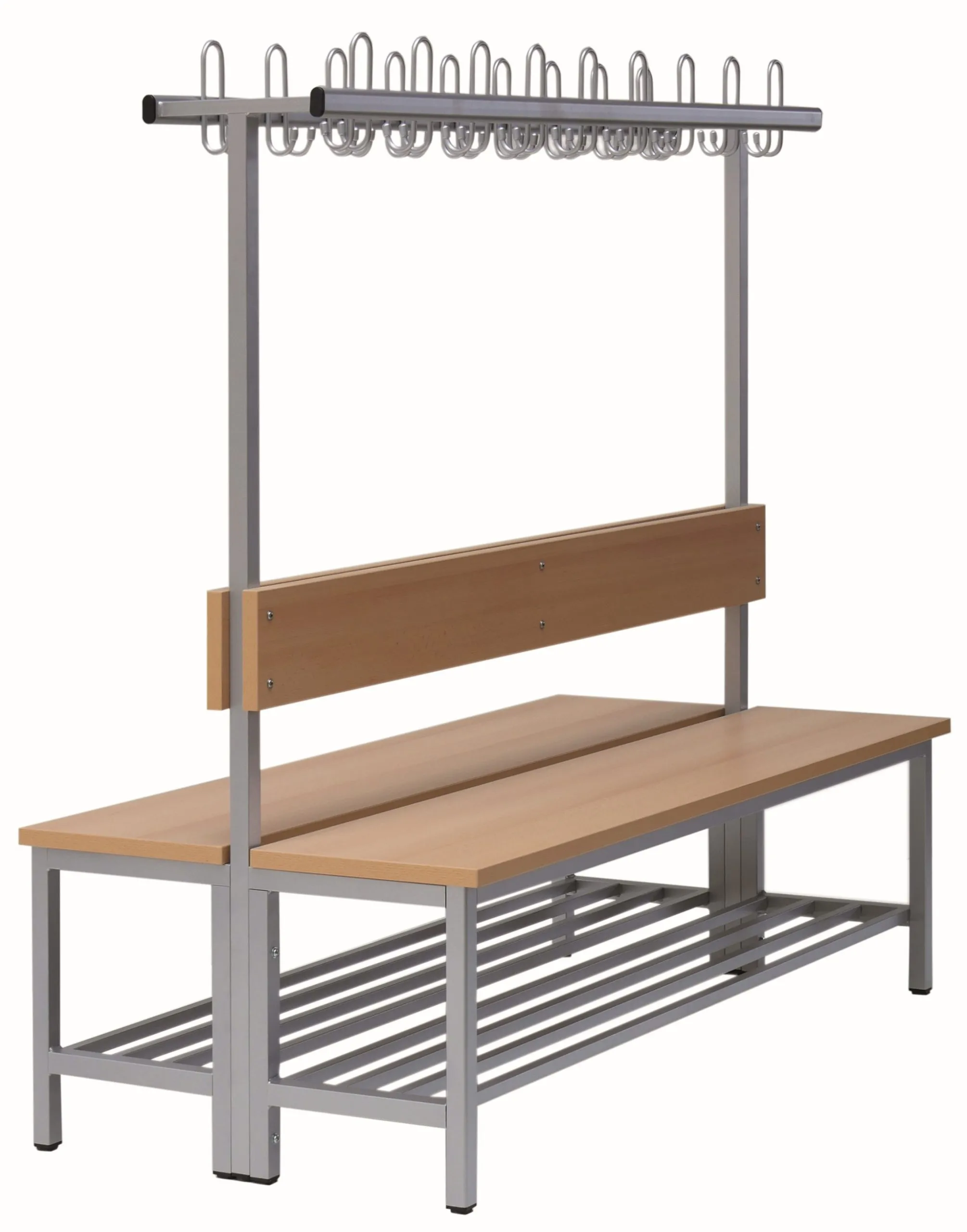 Komplett-Garderobe doppelseitig mit Garderobenhaken und Schuhrost, durchgehende Sitzfläche