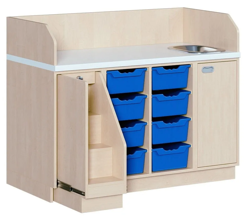 Wickelkommode mit 8 ErgoTray Boxen inkl. Waschbecken und ausziehbarer Treppe